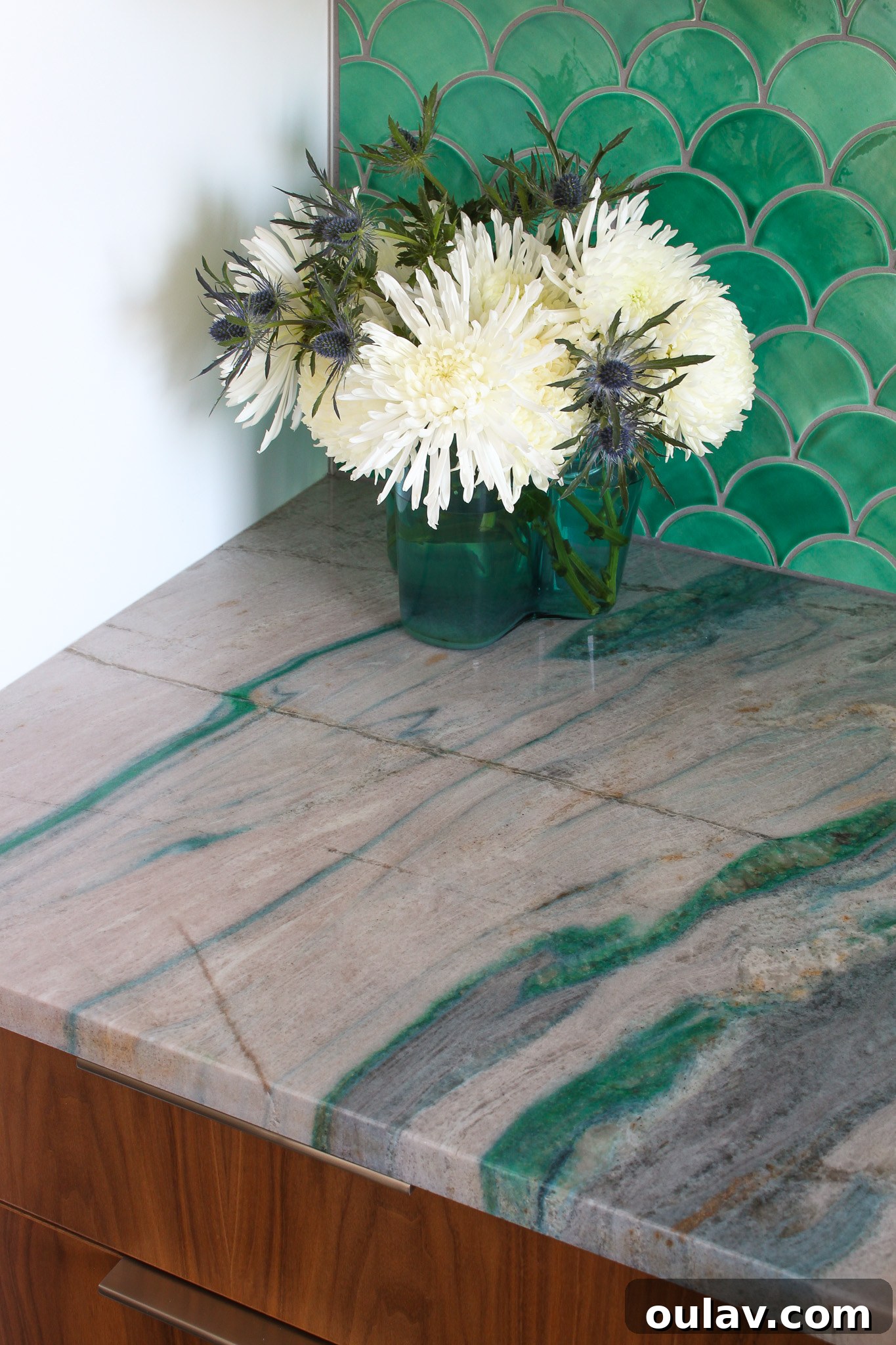 Mid-Century Modern Coastal Kitchen Reveal 36 Colorful Kitchen Renovation with Blue Stone Counters and Green Tile Backsplash, unique accessories