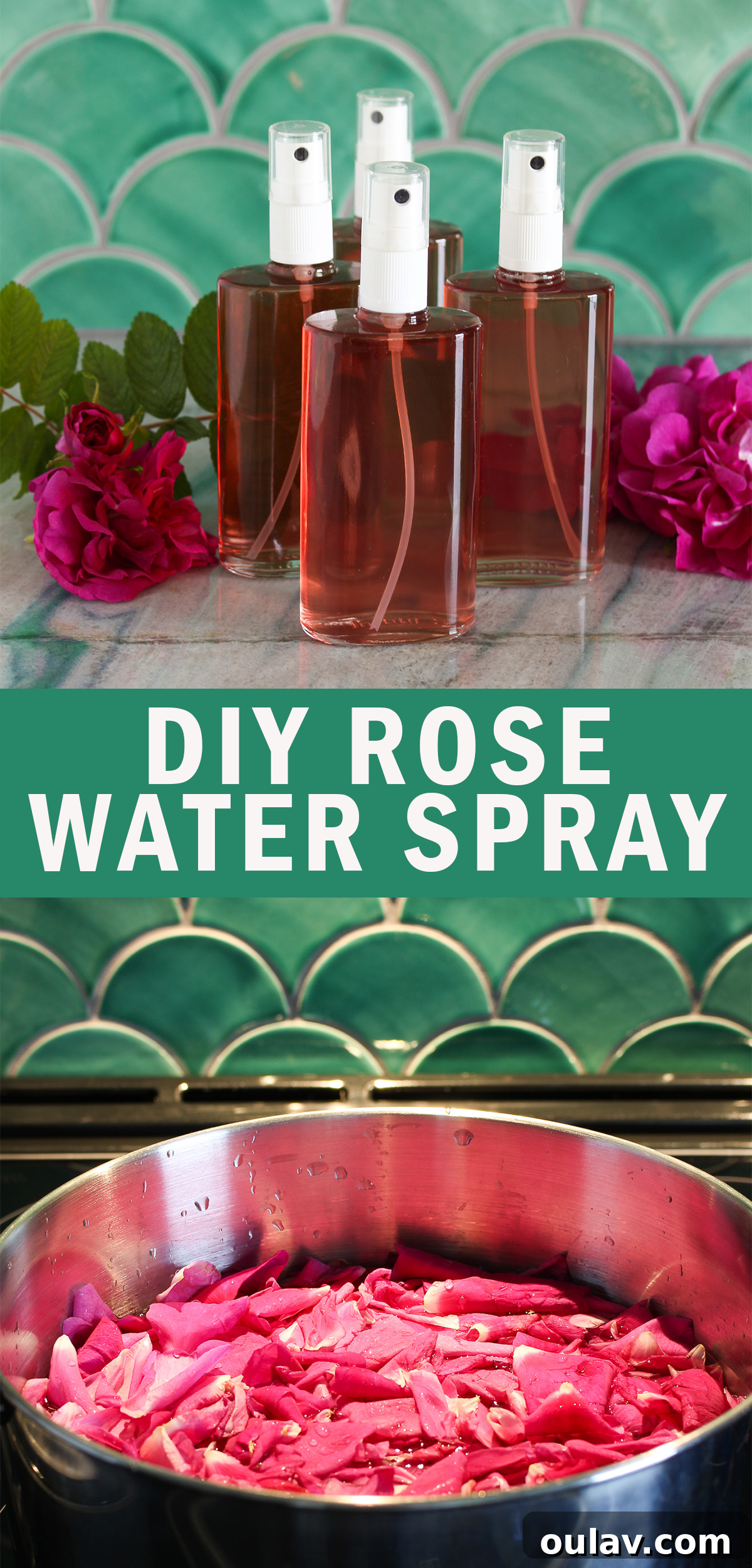 Radiant Roses: DIY Simmered Facial Mist 15 Pinterest graphic: DIY Rose Water Spray - Your Ultimate Guide to a Refreshing DIY Elixir with image of rose water bottle.