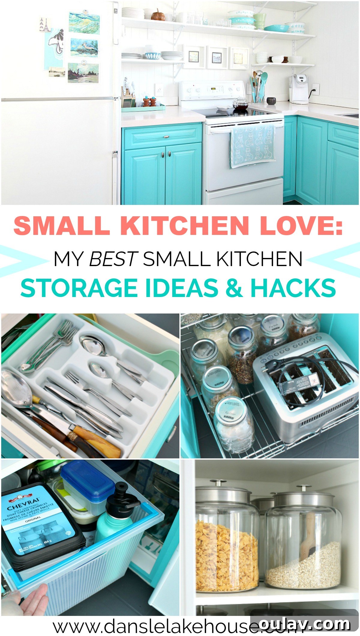Overview of a neatly organized small kitchen with open shelving, colorful accessories, and a welcoming ambiance.
