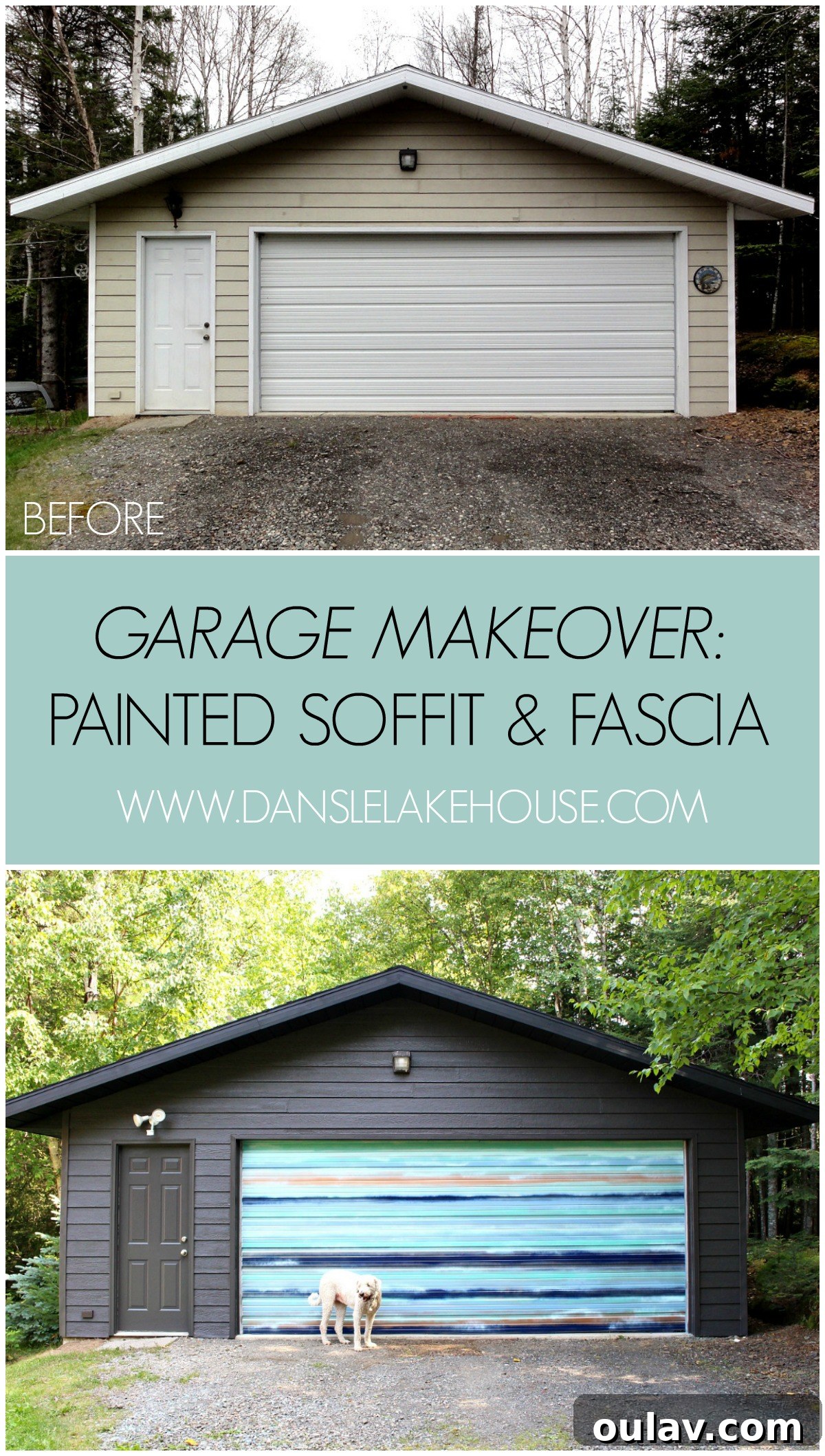 View of the garage exterior with new black soffit and fascia, complementing the modern renovation vision.