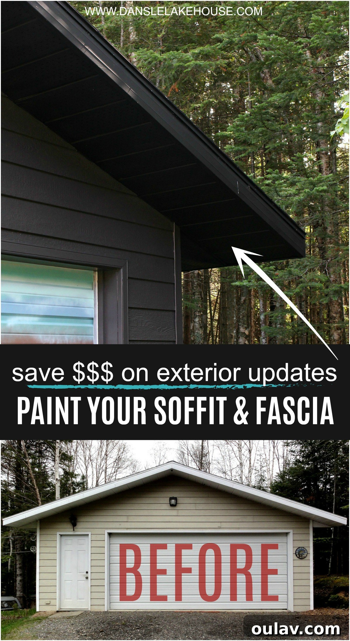 The stunning finished look of the garage after painting the soffit and fascia black, showcasing enhanced curb appeal.