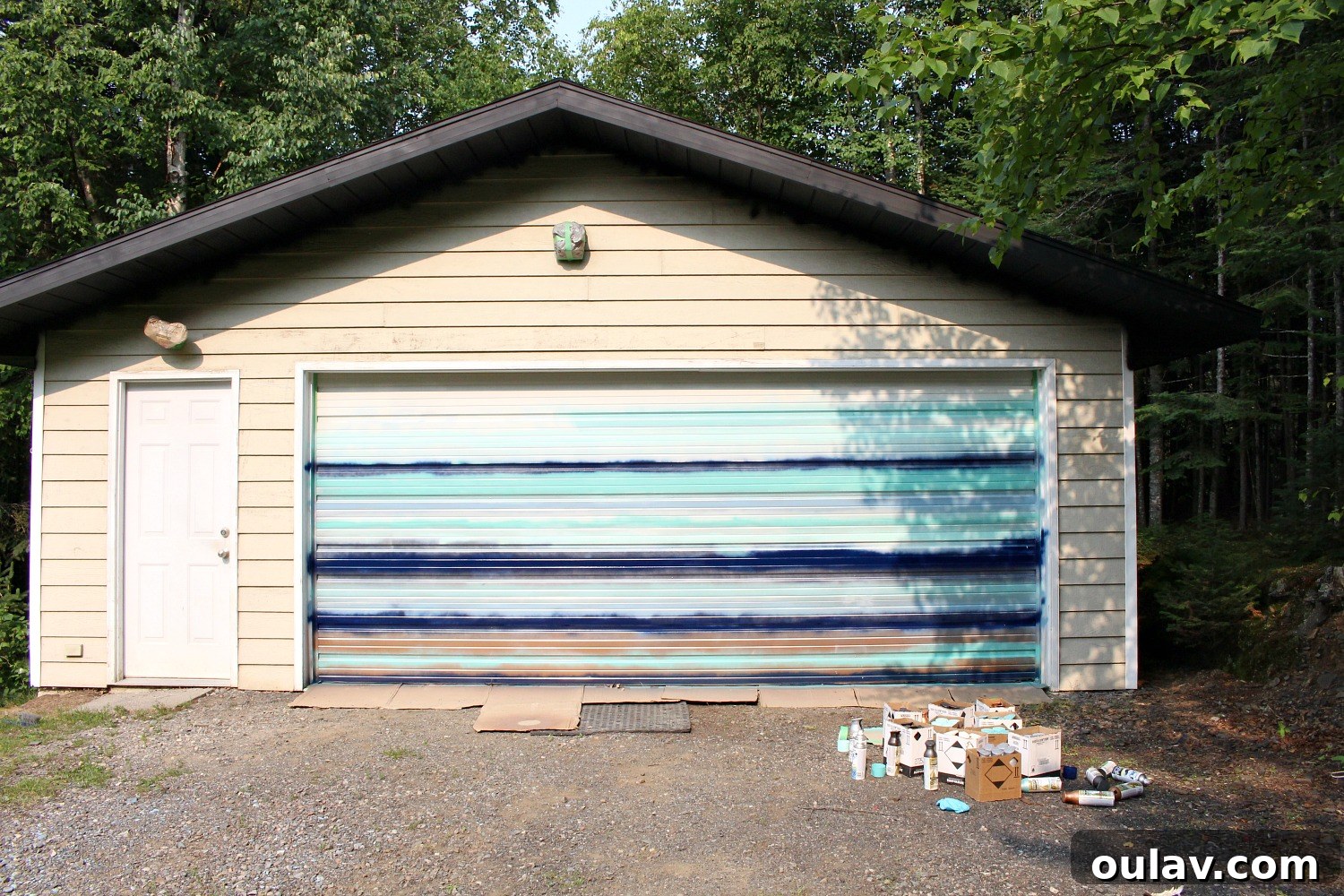 Coastal Canvas Garage Makeover 8 Primer Applied to Test Swatches on Garage Door for Mural