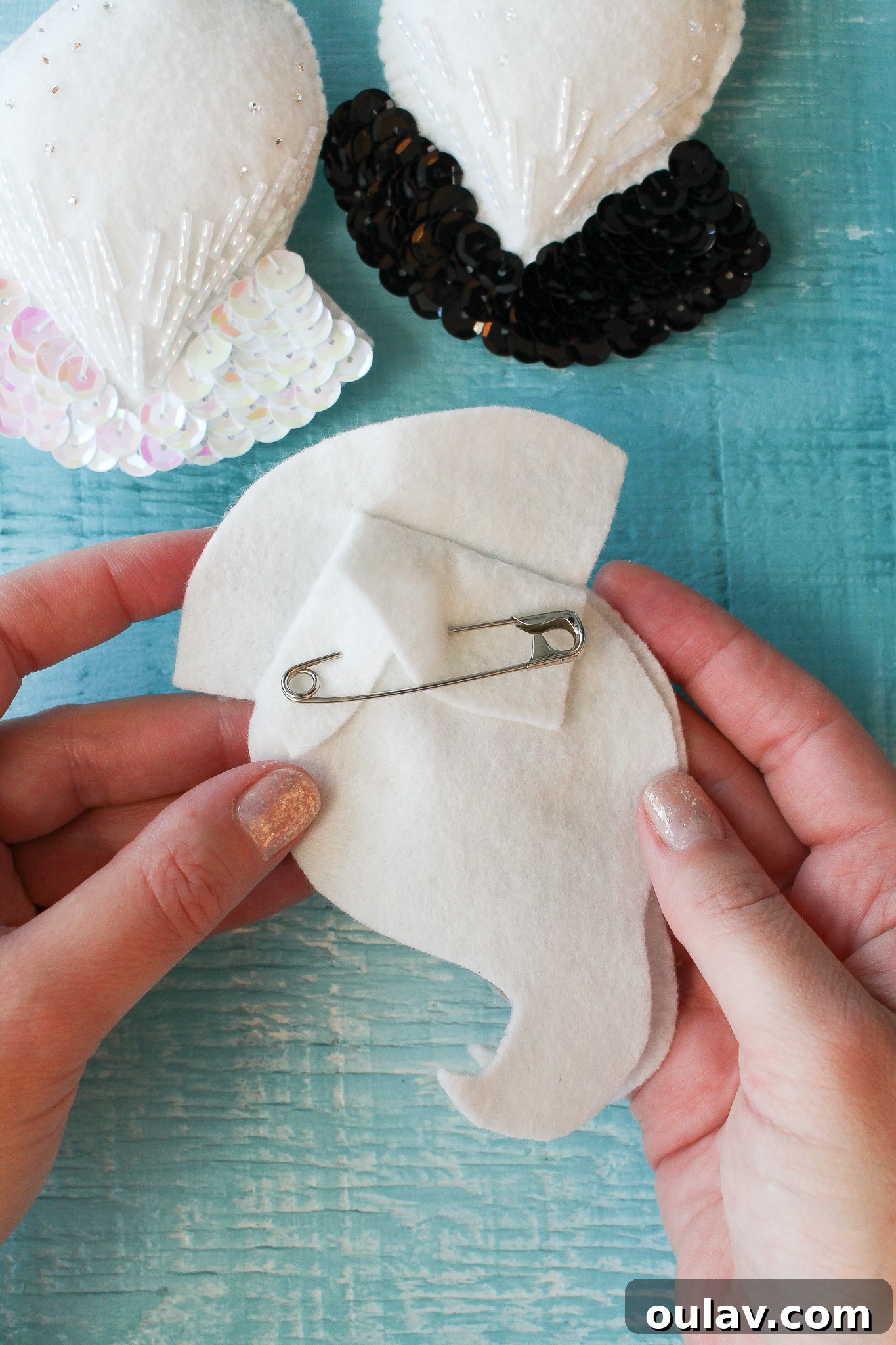 Tips for Hand Sewing Felt Ornaments for Christmas - Pinning back felt