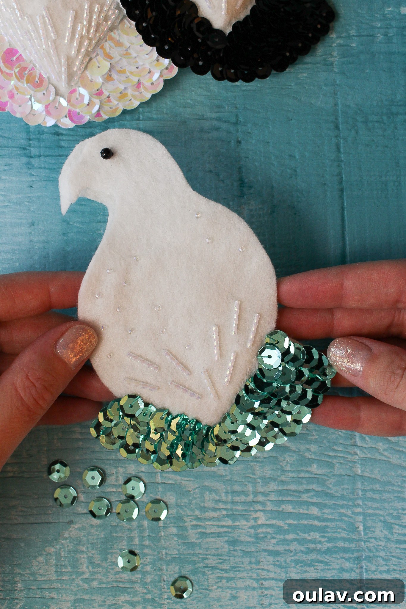 DIY Sequin Bird Christmas Ornament - Completed sequin work