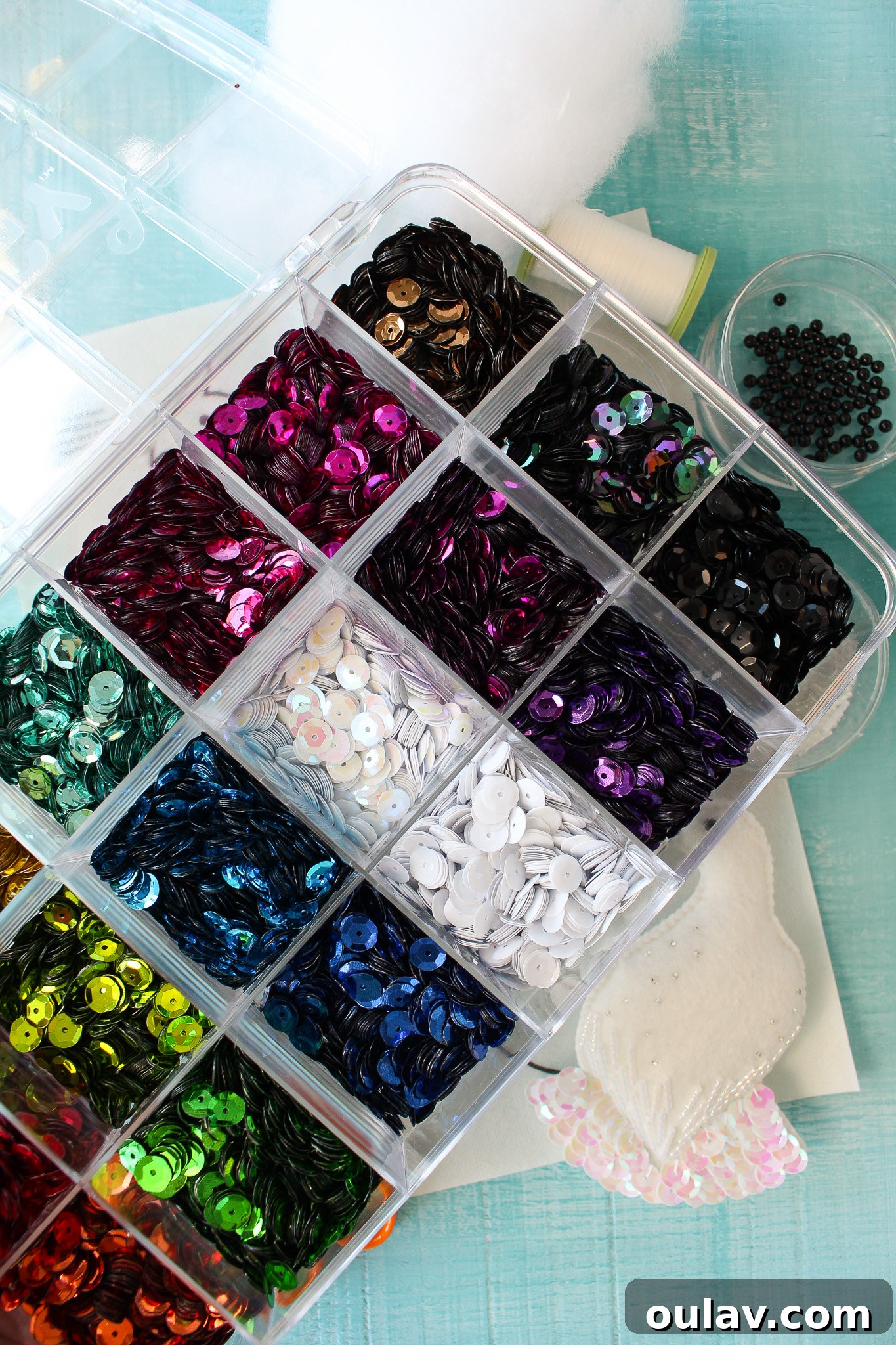 Close-up of assorted sequins for crafting