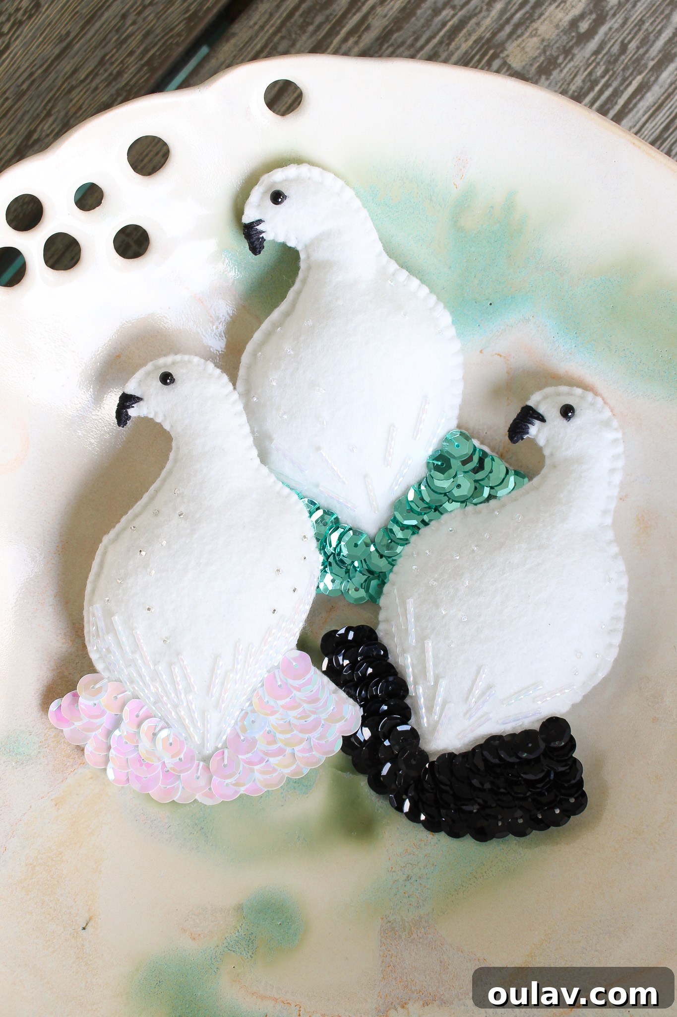 Felt Ptarmigan Ornament for Christmas - White felt with black sequins