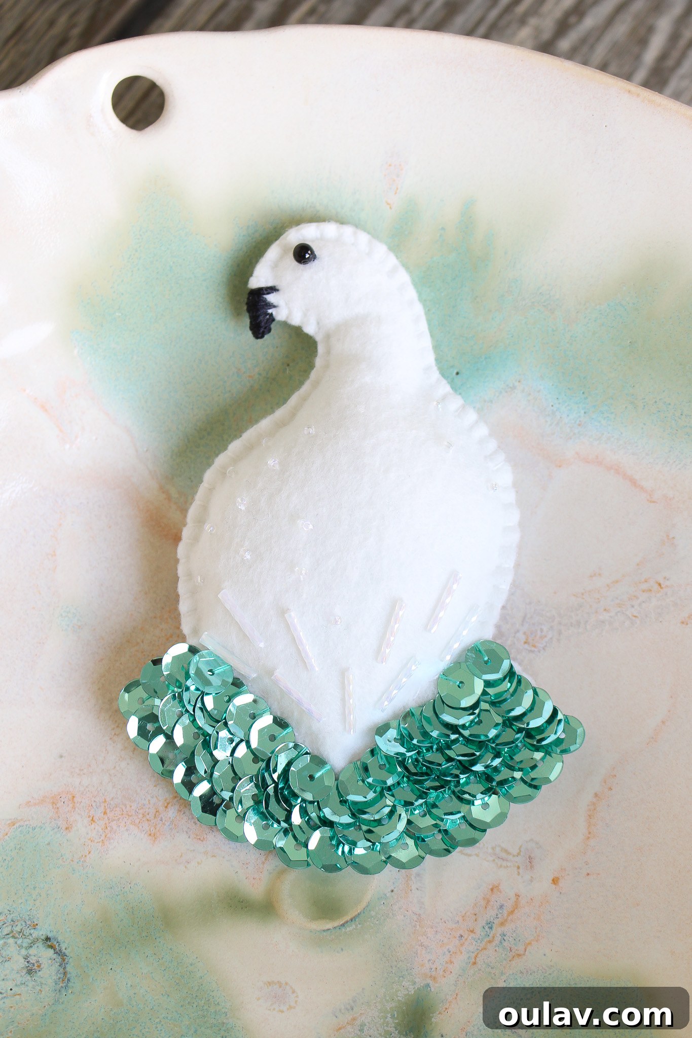 DIY Felt Dove Ornament - White with turquoise sequins