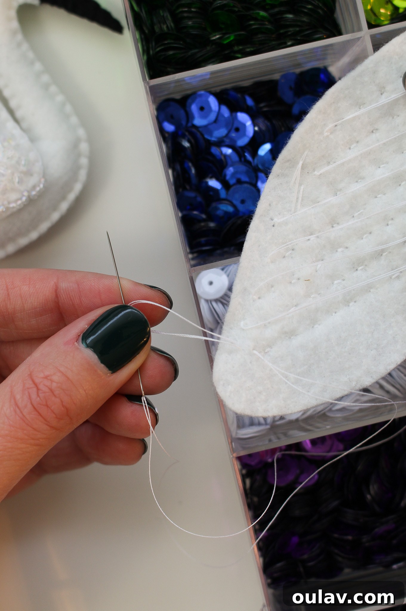 Stitch Your Own Felt Swan Ornament 11 Example of sequin application on felt