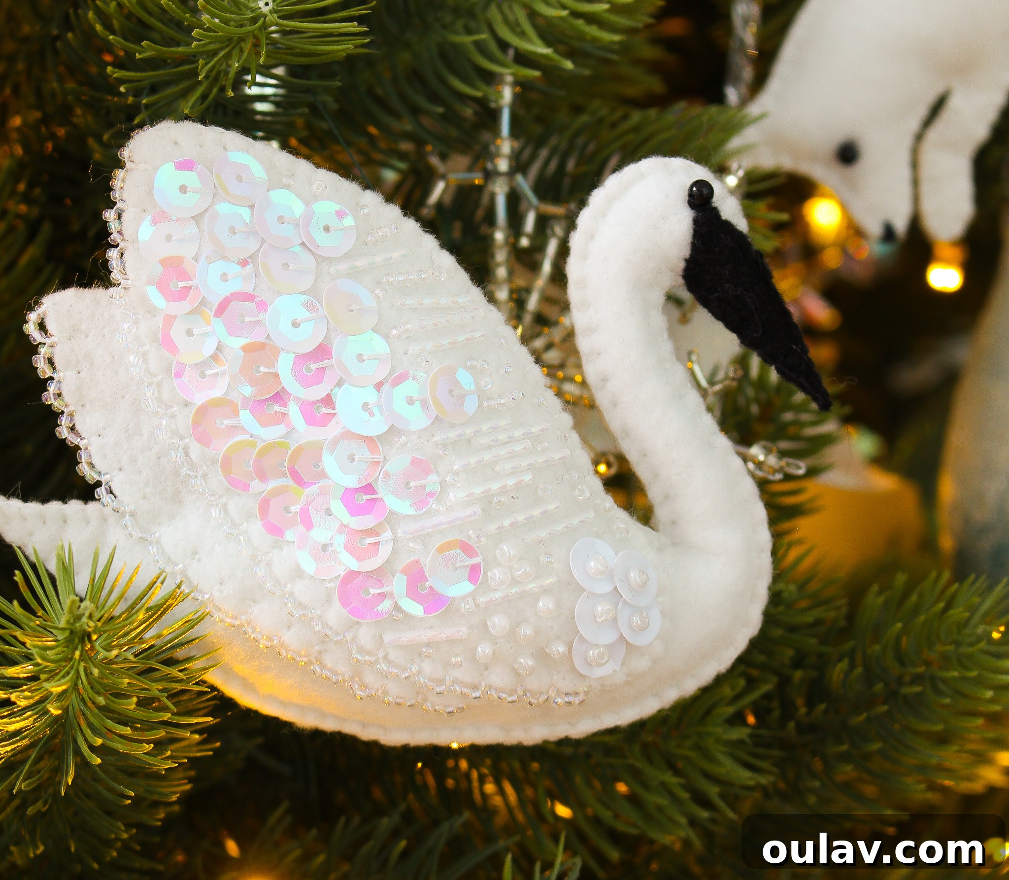 Stitch Your Own Felt Swan Ornament 14 Beaded swan ornament DIY example, showing creative beadwork