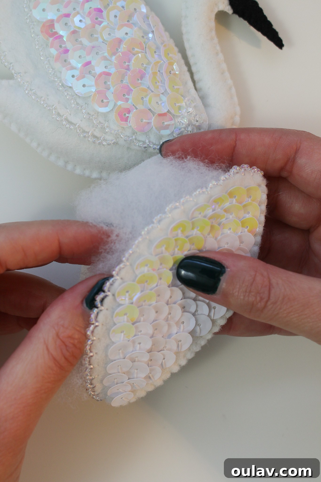 Stitch Your Own Felt Swan Ornament 30 Stuffed felt swan wing before final assembly
