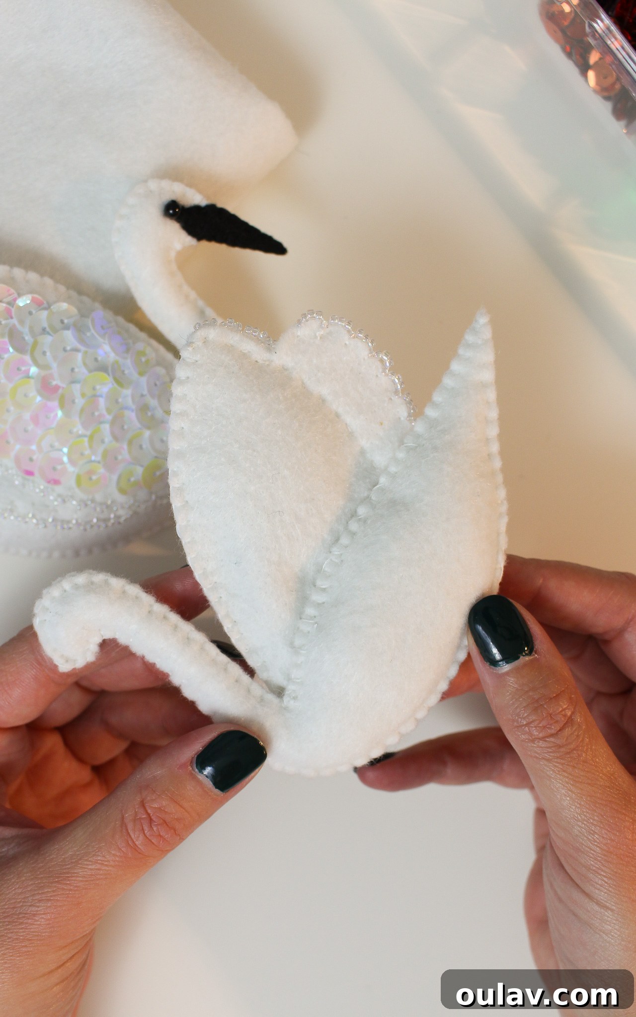 Stitch Your Own Felt Swan Ornament 46 Back view of attached felt wing on swan ornament