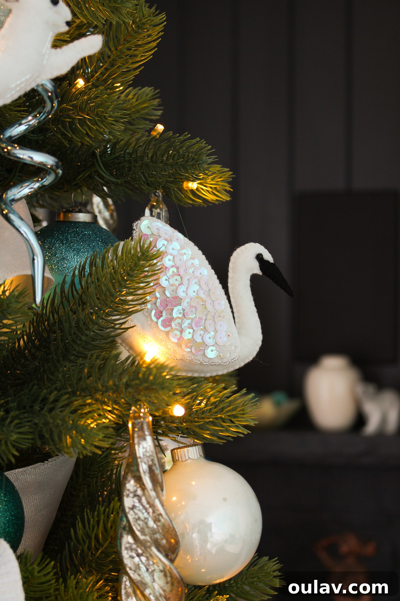 Stitch Your Own Felt Swan Ornament 54 DIY Sequin Swan Felt Ornament Tutorial with Pattern Template to Print showing finished product