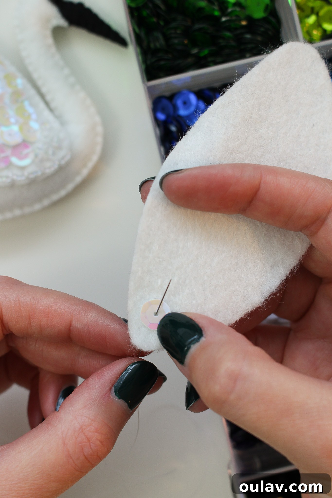 Stitch Your Own Felt Swan Ornament 8 Instructions for sewing sequins in a row on felt