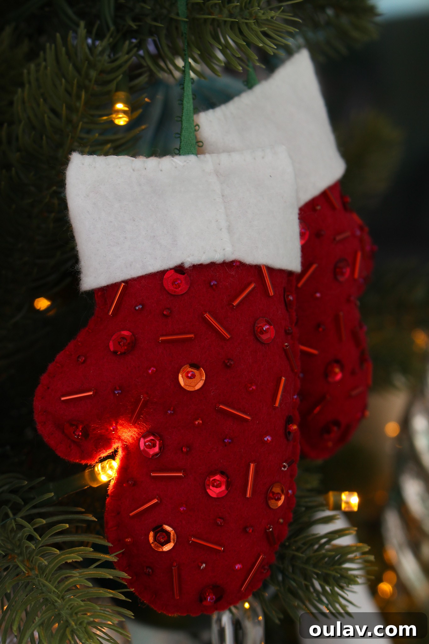 Charming Felt Mitten Garland 6 How to Make Beaded Felt Mitten Ornaments: Close-up of beaded felt mitten, showing intricate details and craftsmanship.