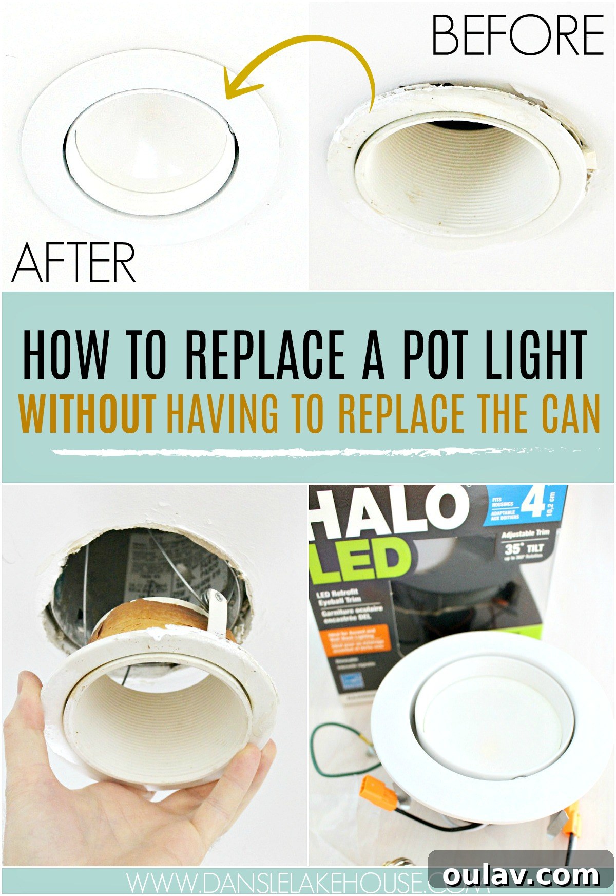 Quick Recessed Light Facelift: No Can Removal Required 3 How to EASILY Replace a Pot Light Without Having to Replace the Whole Can! AWESOME Post with Step-by-Step Photos and Instructions and Links to Product Used. Budget Friendly Renovating Idea. #budgethome #potlights