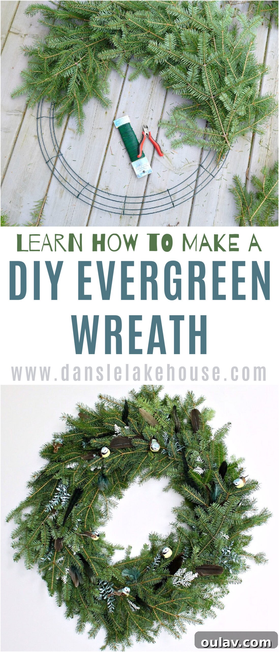 DIY Evergreen Wreath with Feathers and Birds - Pin this tutorial for future crafting inspiration!