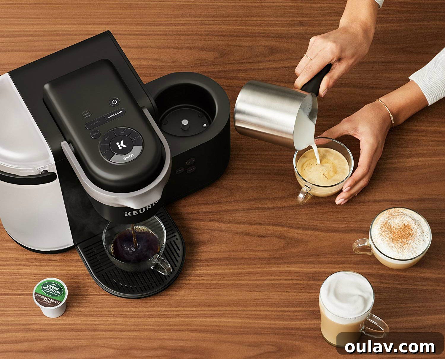 Holiday Haven: 25 Delightful Gifts for Homebodies 13 A Keurig K-Cafe single-serve coffee machine, brewing a latte, perfect for homebody coffee enthusiasts.