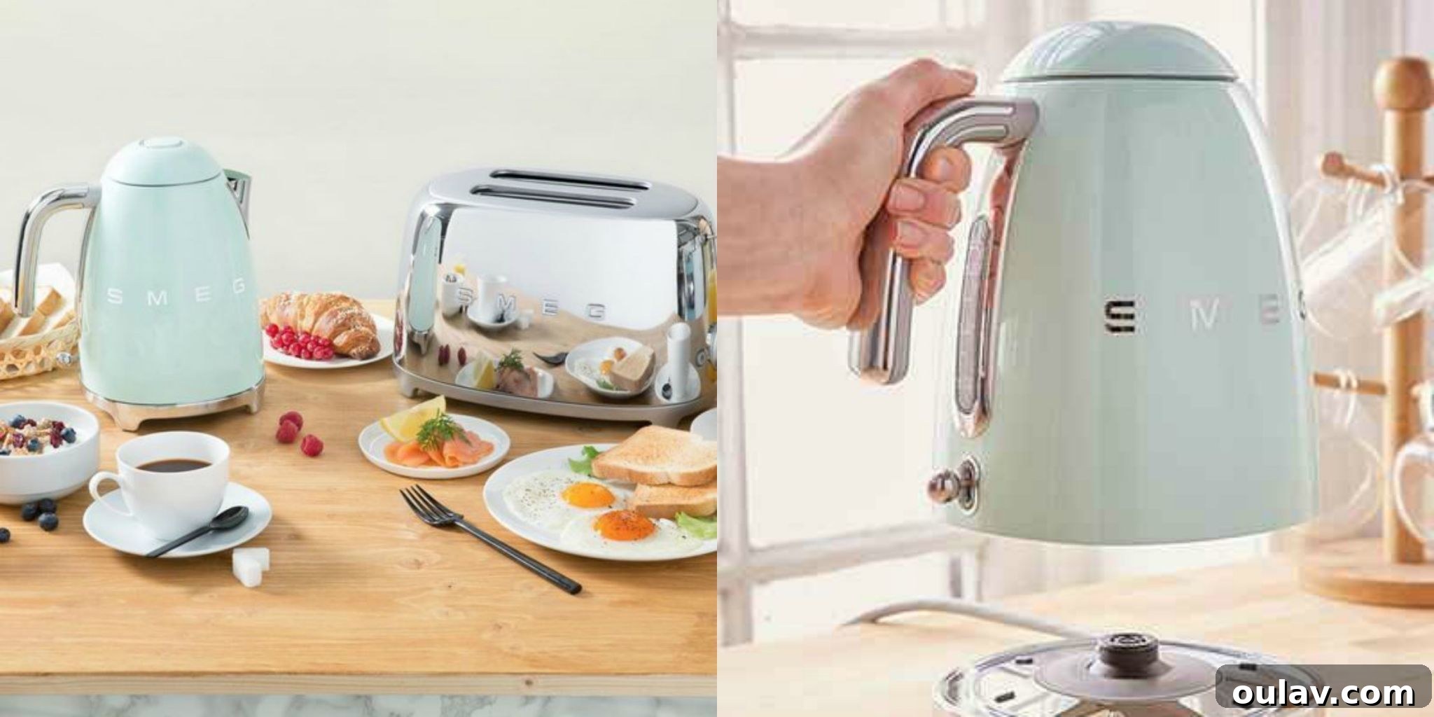 Holiday Haven: 25 Delightful Gifts for Homebodies 3 A Smeg Retro Tea Kettle in a soft blue color, next to a matching toaster, both on a kitchen counter.