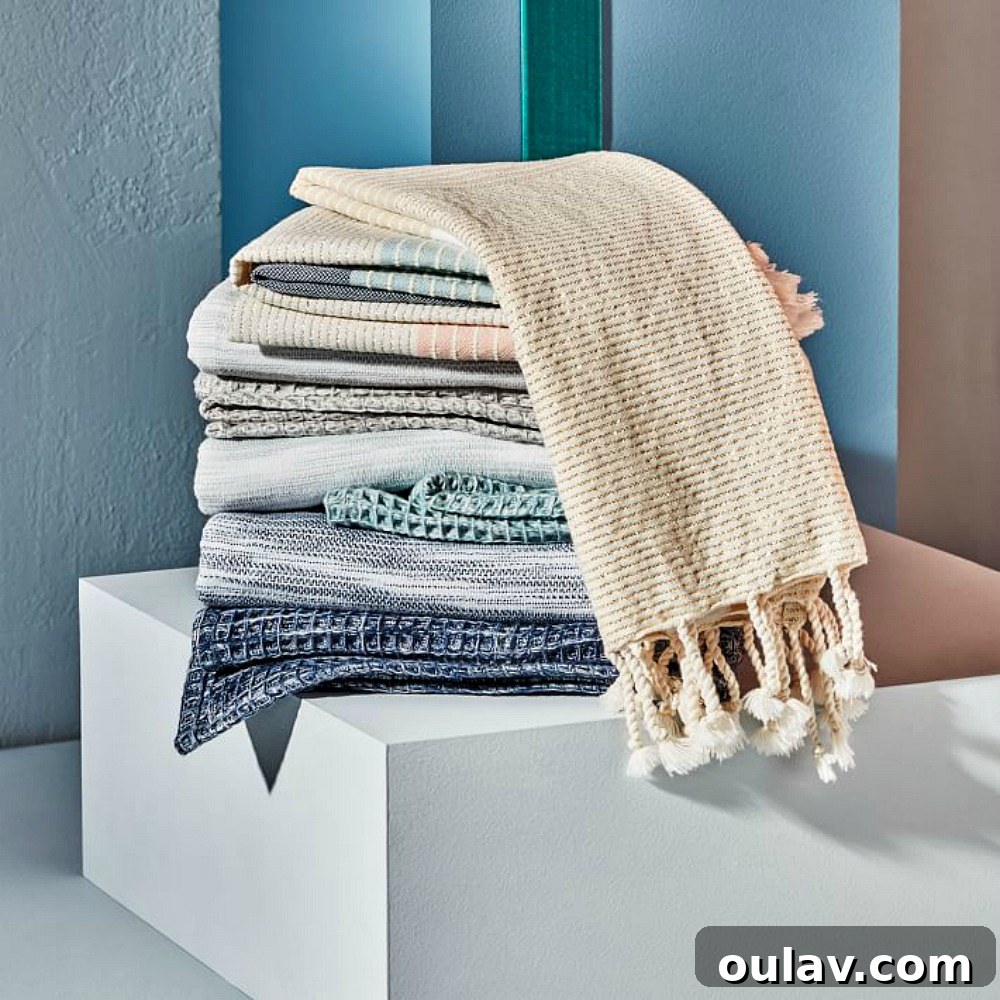 Holiday Haven: 25 Delightful Gifts for Homebodies 21 Luxurious space-dyed organic cotton tea towels in shades of blue, neatly folded.