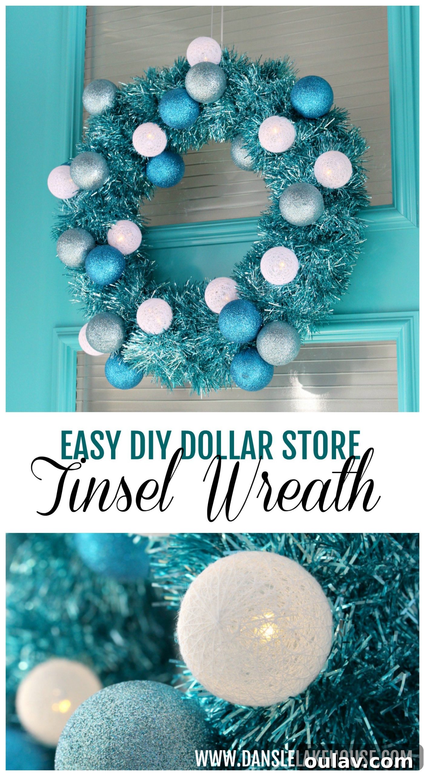 Retro Sparkle: Craft Your Own Tinsel Wreath 13 DIY Turquoise Tinsel Wreath with Retro Christmas Decor and Lights