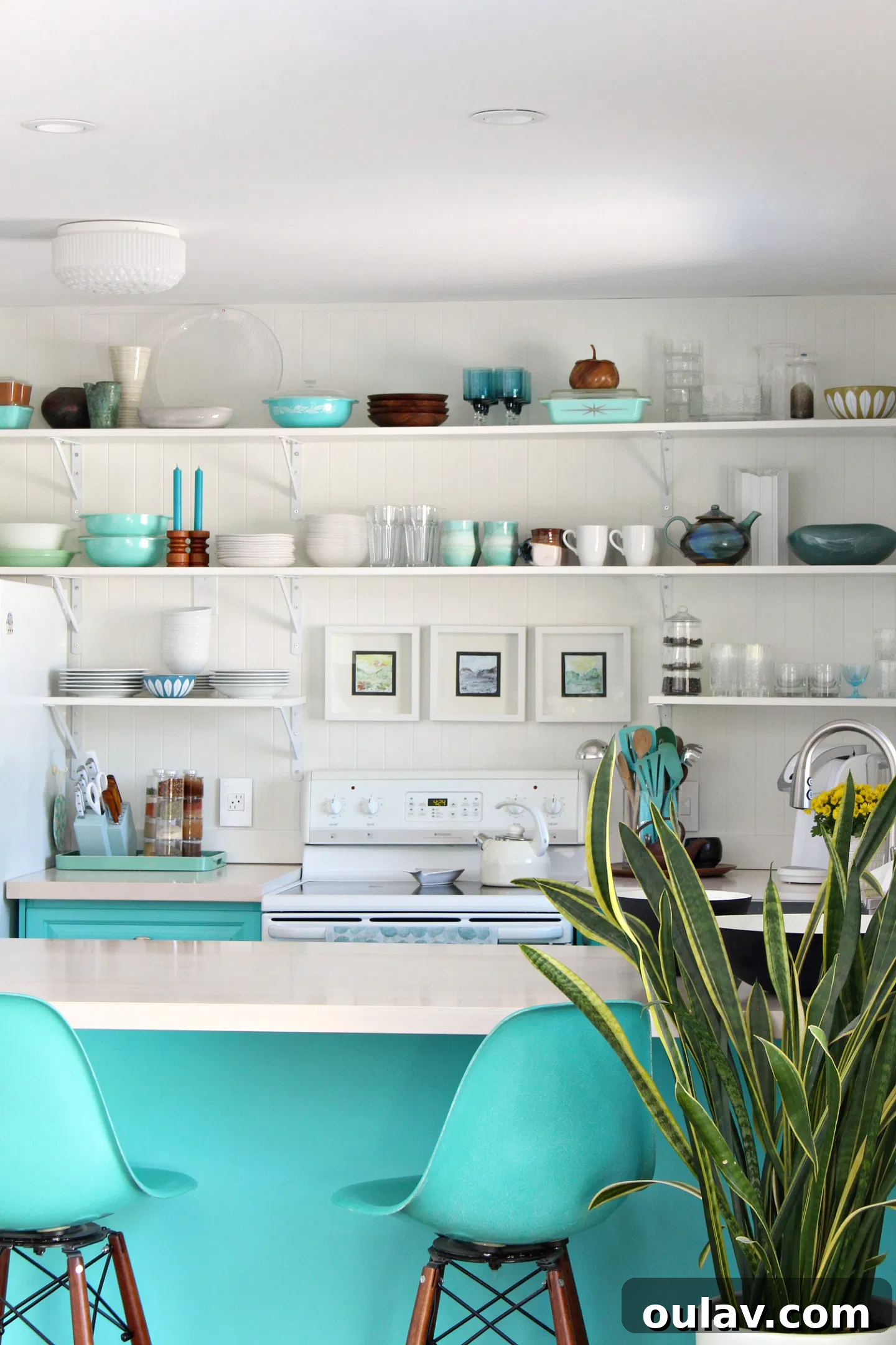 Aqua Oasis Kitchens 3 Bold turquoise kitchen with adjusted open shelves