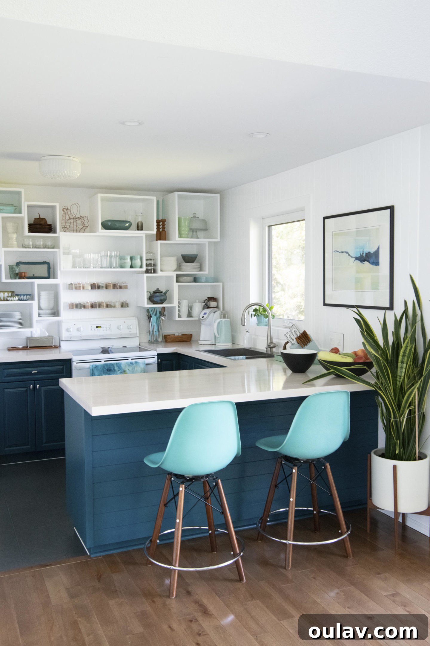 Aqua Oasis Kitchens 4 Inky teal kitchen cabinets with cubbies