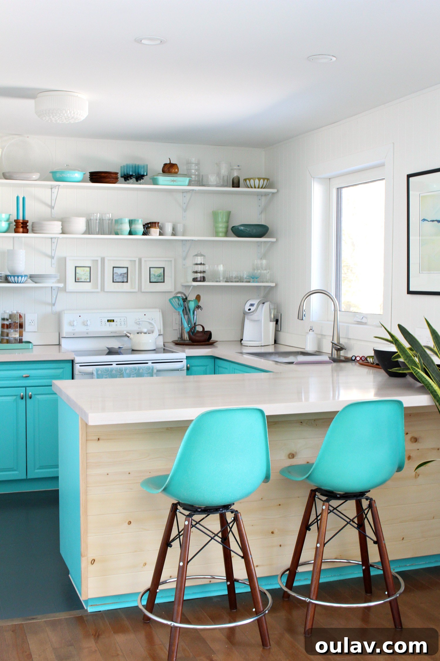 Transform Your Kitchen Cabinets Tongue and Groove Paneling and a Fresh Teal Hue 15 Natural Pine Paneling in Kitchen Cabinets - Before Painting