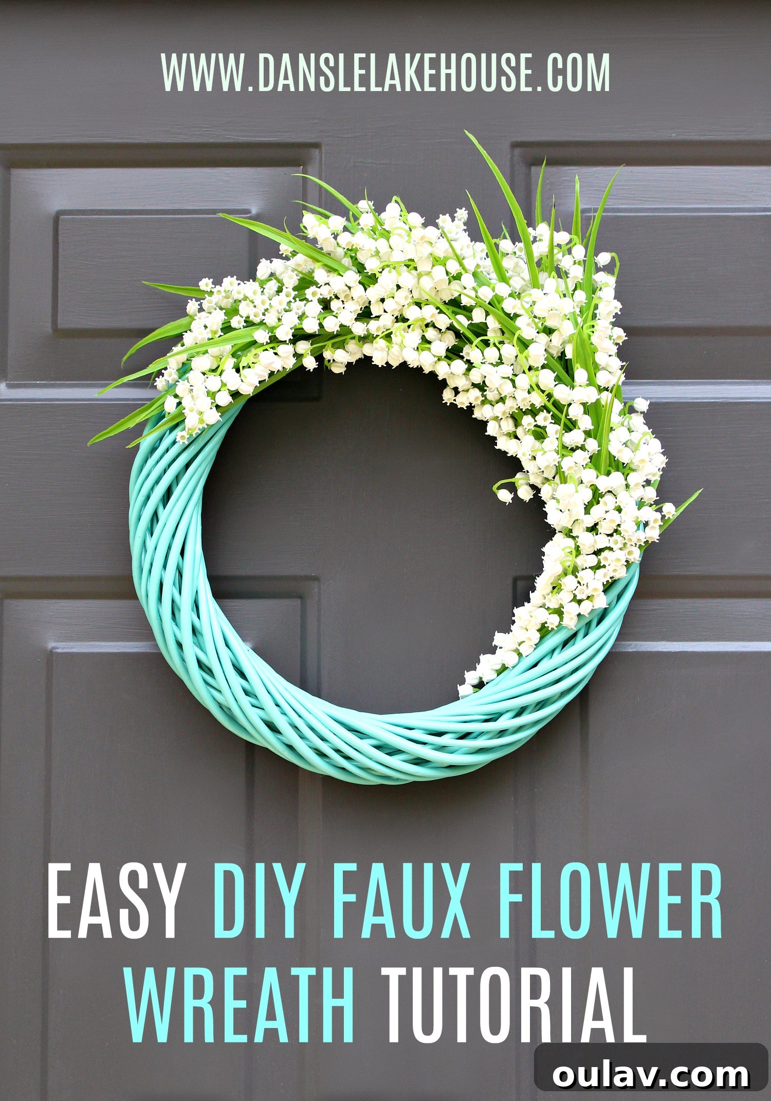 Effortless Turquoise Lily Faux Wreath 19 Pinterest-optimized image of the DIY turquoise Lily of the Valley wreath for saving ideas