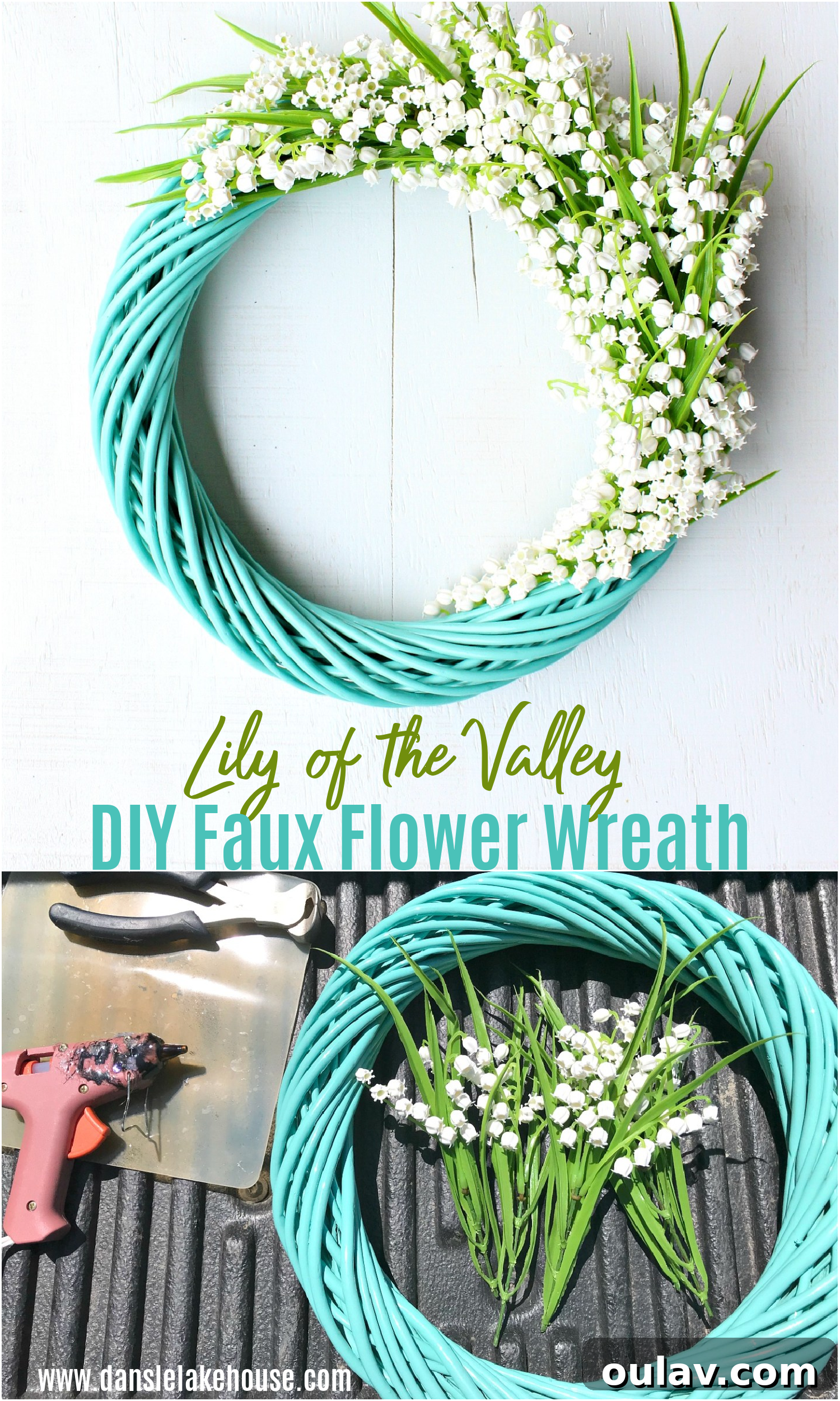 Effortless Turquoise Lily Faux Wreath 20 Pinterest graphic: DIY Lily of the Valley Wreath Idea with turquoise accent, easy home decor