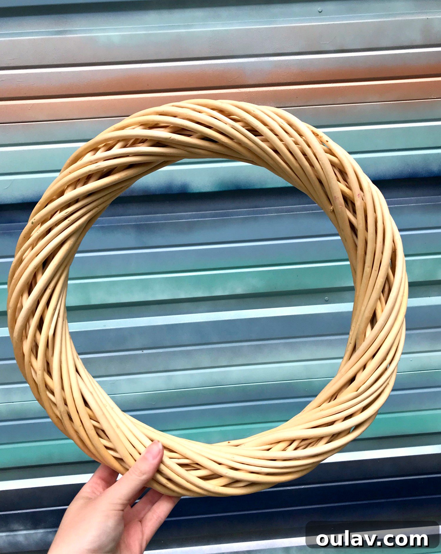 Willow wreath form freshly spray-painted in a vibrant turquoise hue
