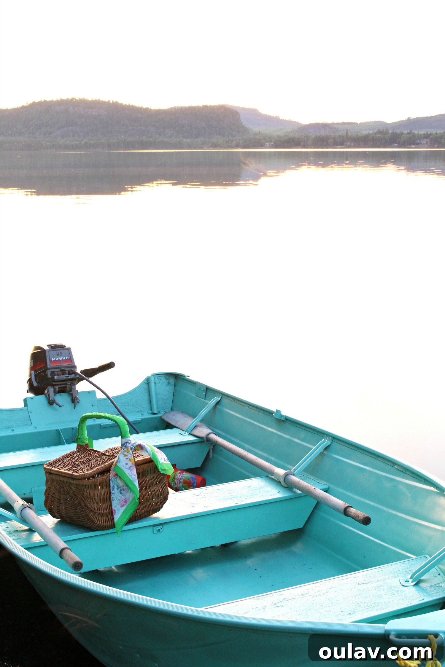 Full shot of the beautifully repainted turquoise boat resting on the green lawn.