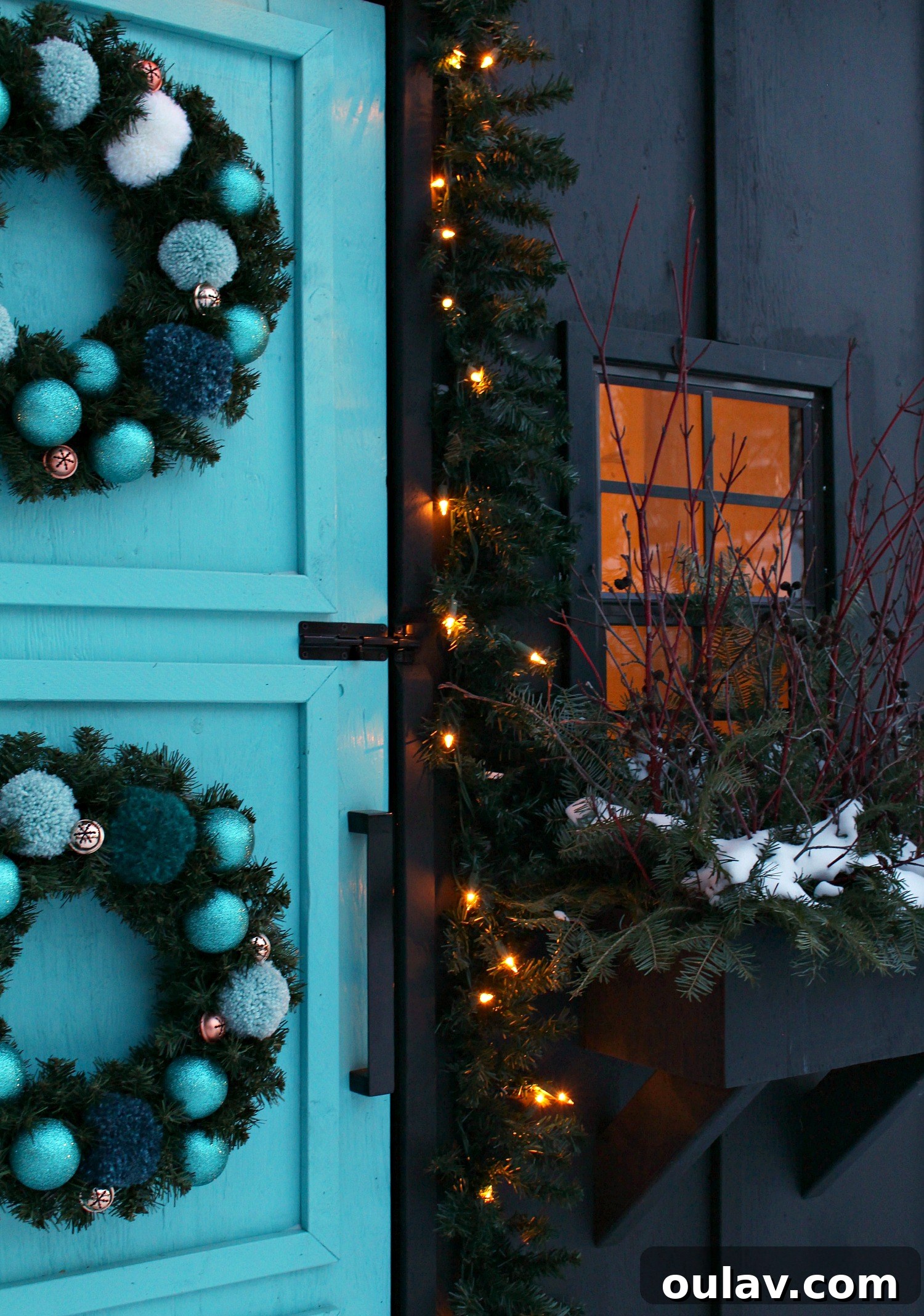 Festive Pre-Lit Faux Evergreen Garland on Chicken Coop Door