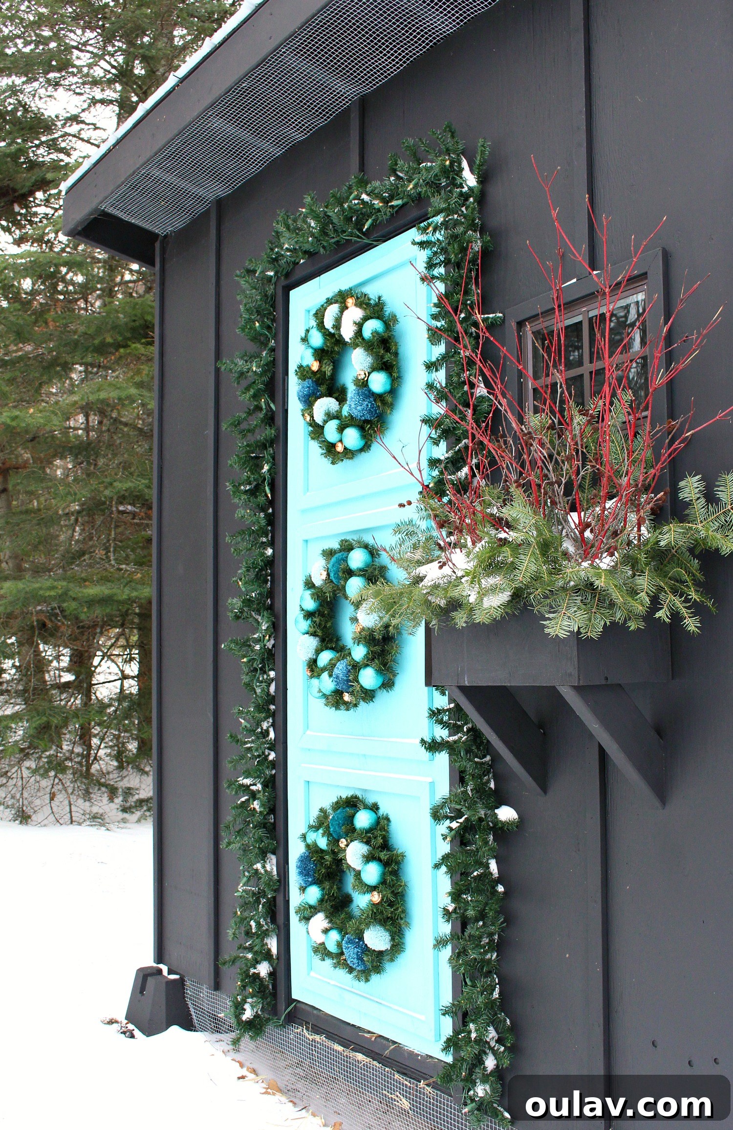 Three Wreaths Hung on a Door for Festive Holiday Coop Decor