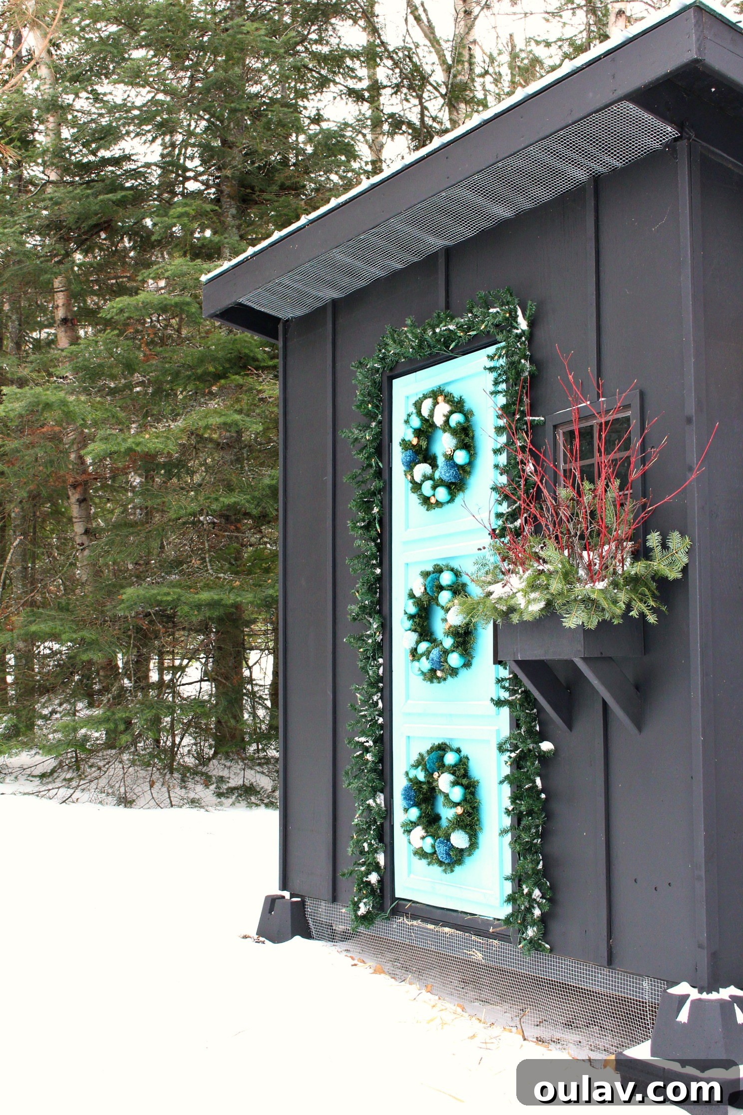 Christmas Chicken Coop Decor with Pom Pom Wreaths