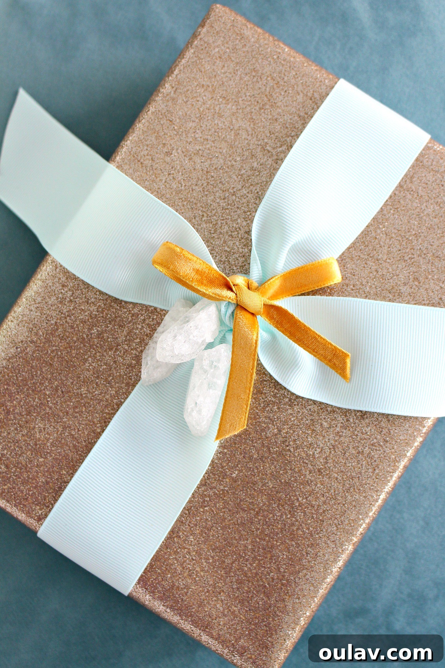 Crystal Point Glamour Gift Wrap 3 Close-up of a glam gift wrapping idea featuring a crystal point gift topper