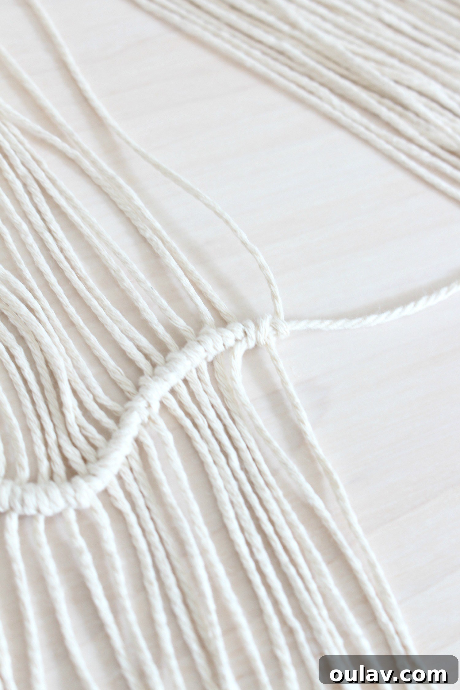 Handcraft Your Own Macrame Driftwood Wall Art 20 A wider view showing several clove hitch knots in a row, forming the base of the pattern.