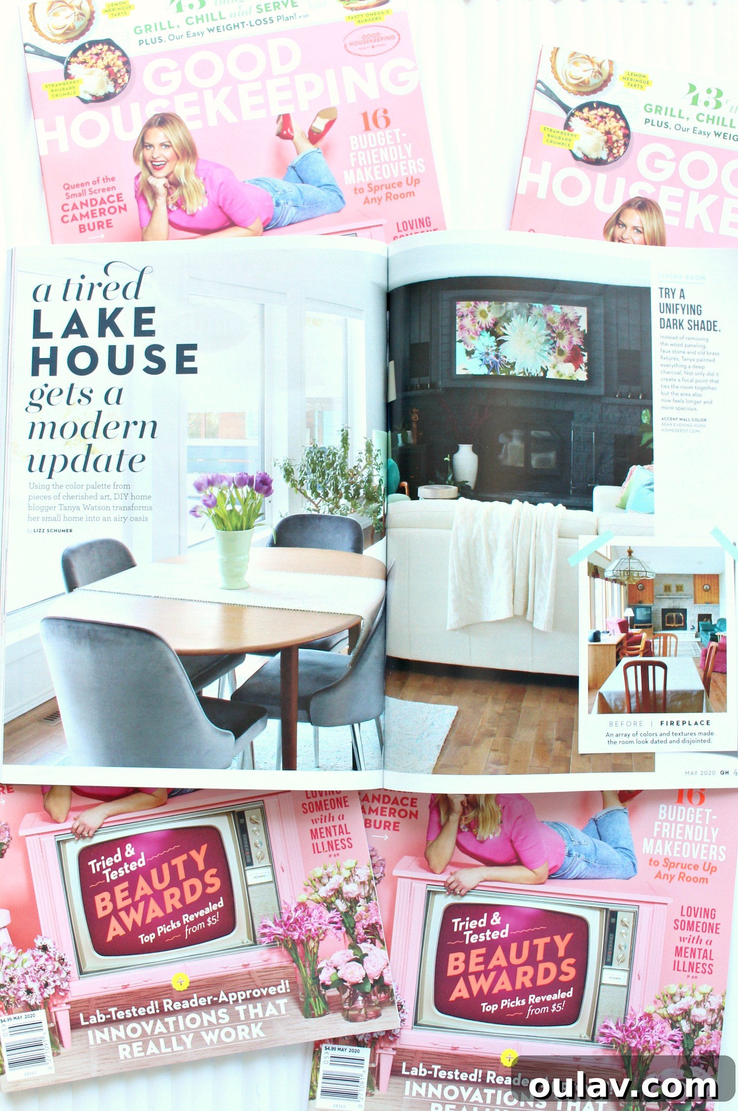 Good Housekeeping Showcases The Lakehouse 7 Living room with fireplace makeover feature in Good Housekeeping