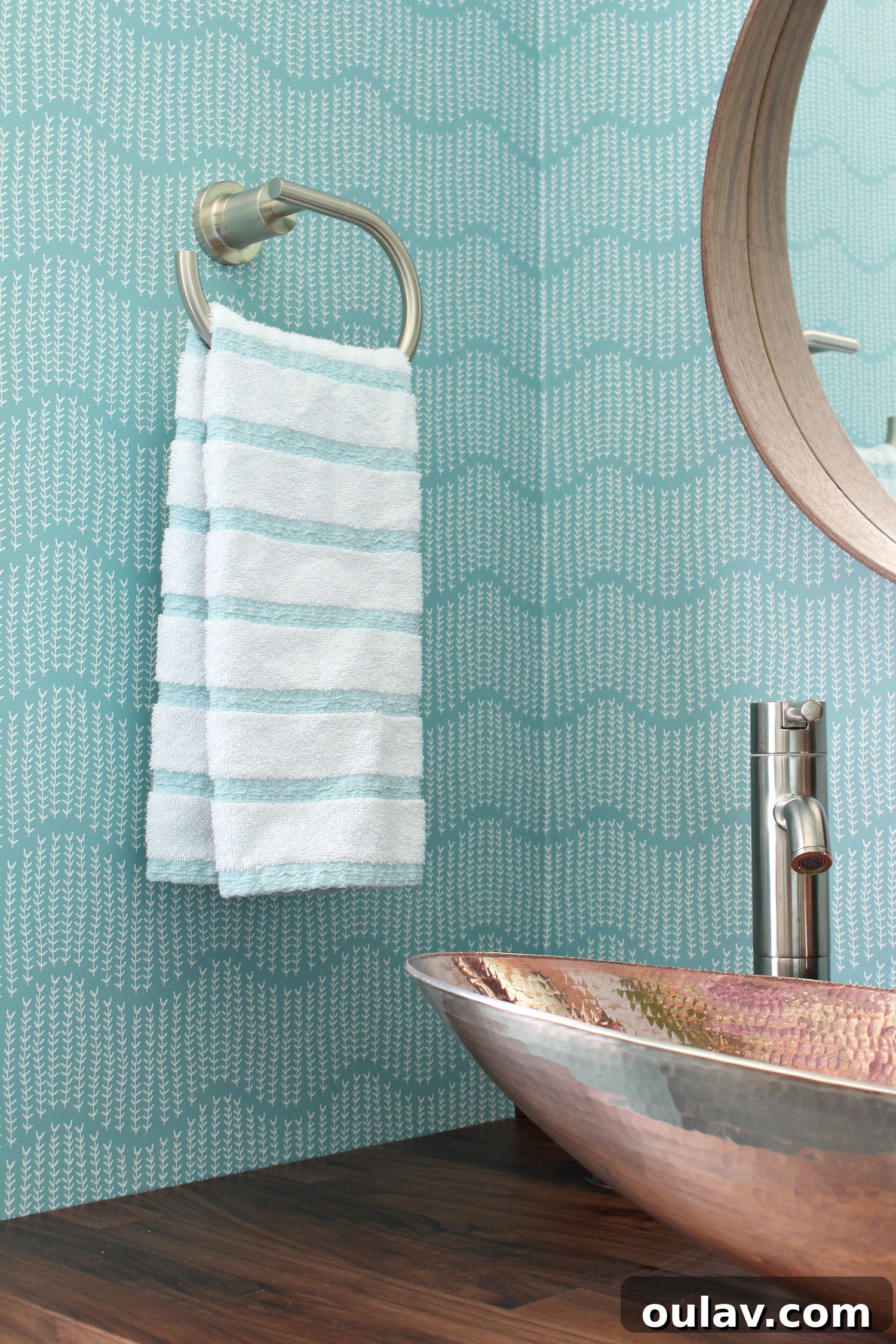 A Summer Dream Inside Our Lake House Oasis 22 Aqua Powder Room with Striped Towel and Lilacs