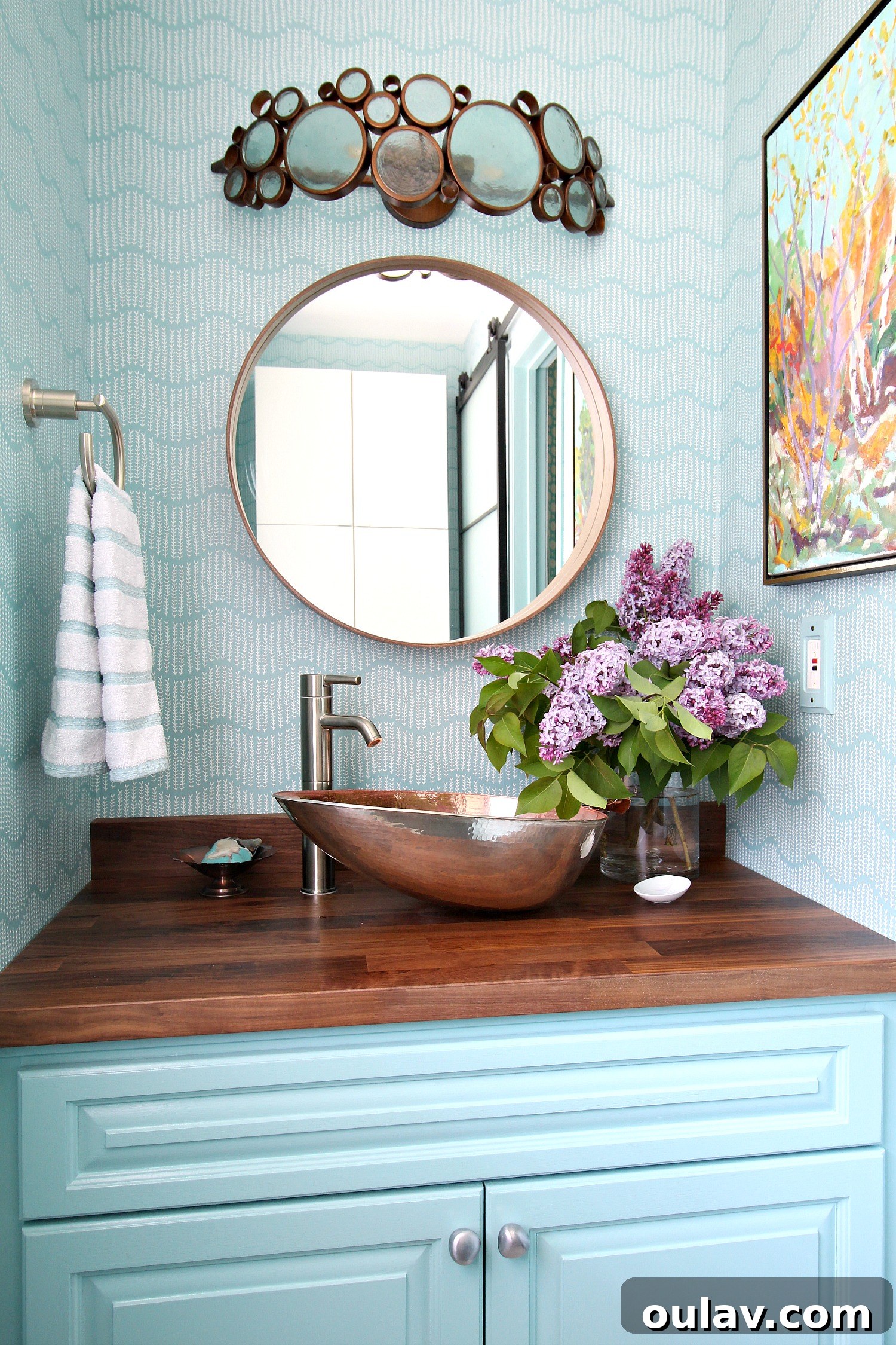 A Summer Dream Inside Our Lake House Oasis 23 Close-up of Striped Hand Towel in Powder Room