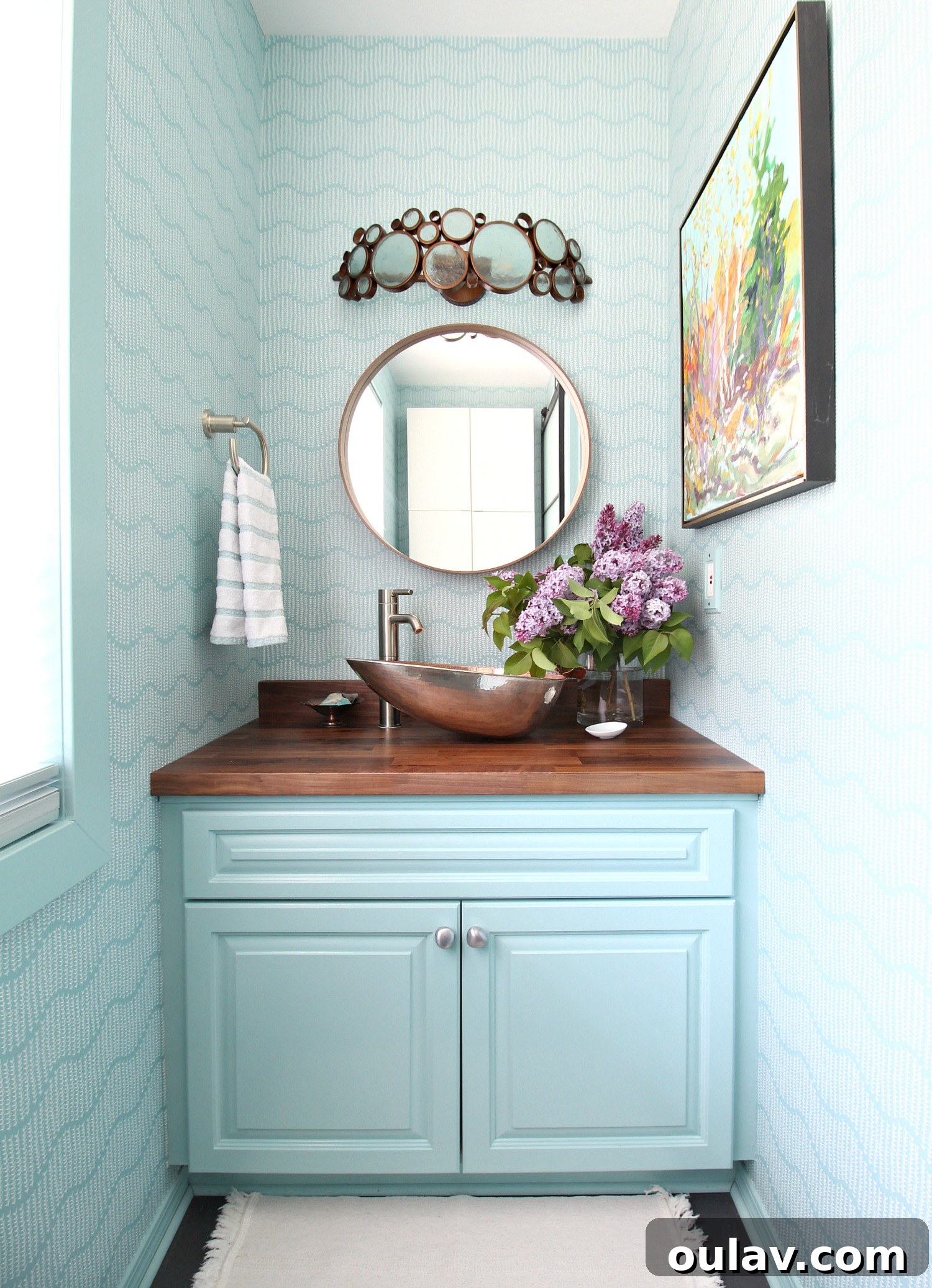 A Summer Dream Inside Our Lake House Oasis 26 Bright Powder Room with Cream Floor Mat