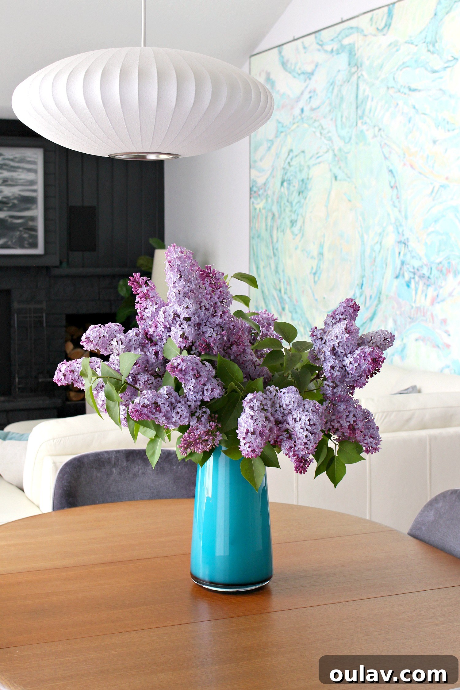 A Summer Dream Inside Our Lake House Oasis 17 Fresh Lilacs in a Vase on Lakehouse Coffee Table