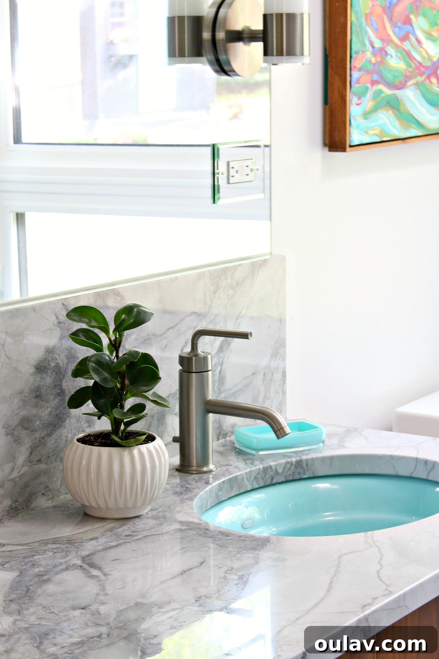 A Summer Dream Inside Our Lake House Oasis 27 Main Bathroom with Aqua and White Striped Towels