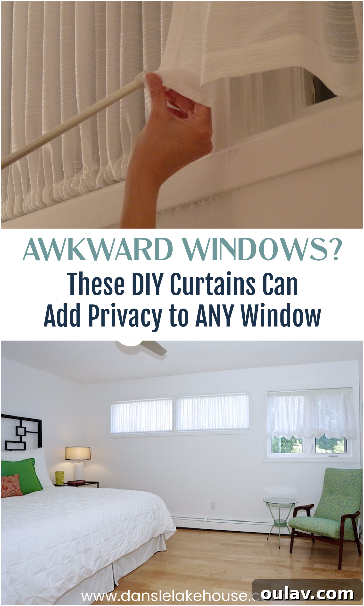 DIY Ruched Curtains: A Stylish Fix for Awkward Windows 10 DIY Curtain for Awkward Windows - Pinterest Pin Graphic