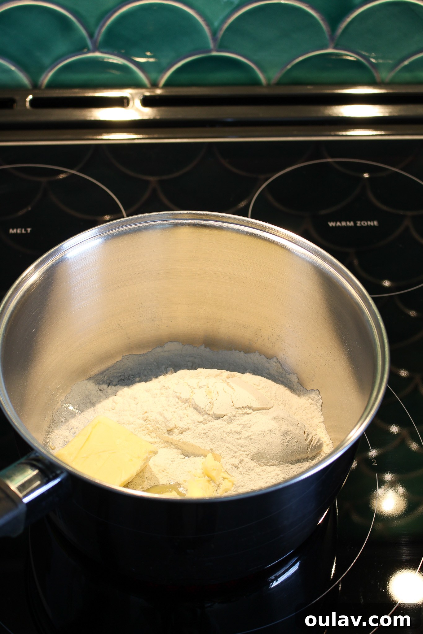 Making a simple roux: melted butter and added flour